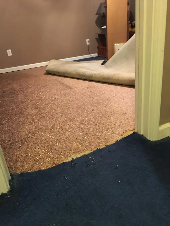 Carpet pad removal revealing water damage during Water Mitigation Services in New Hope